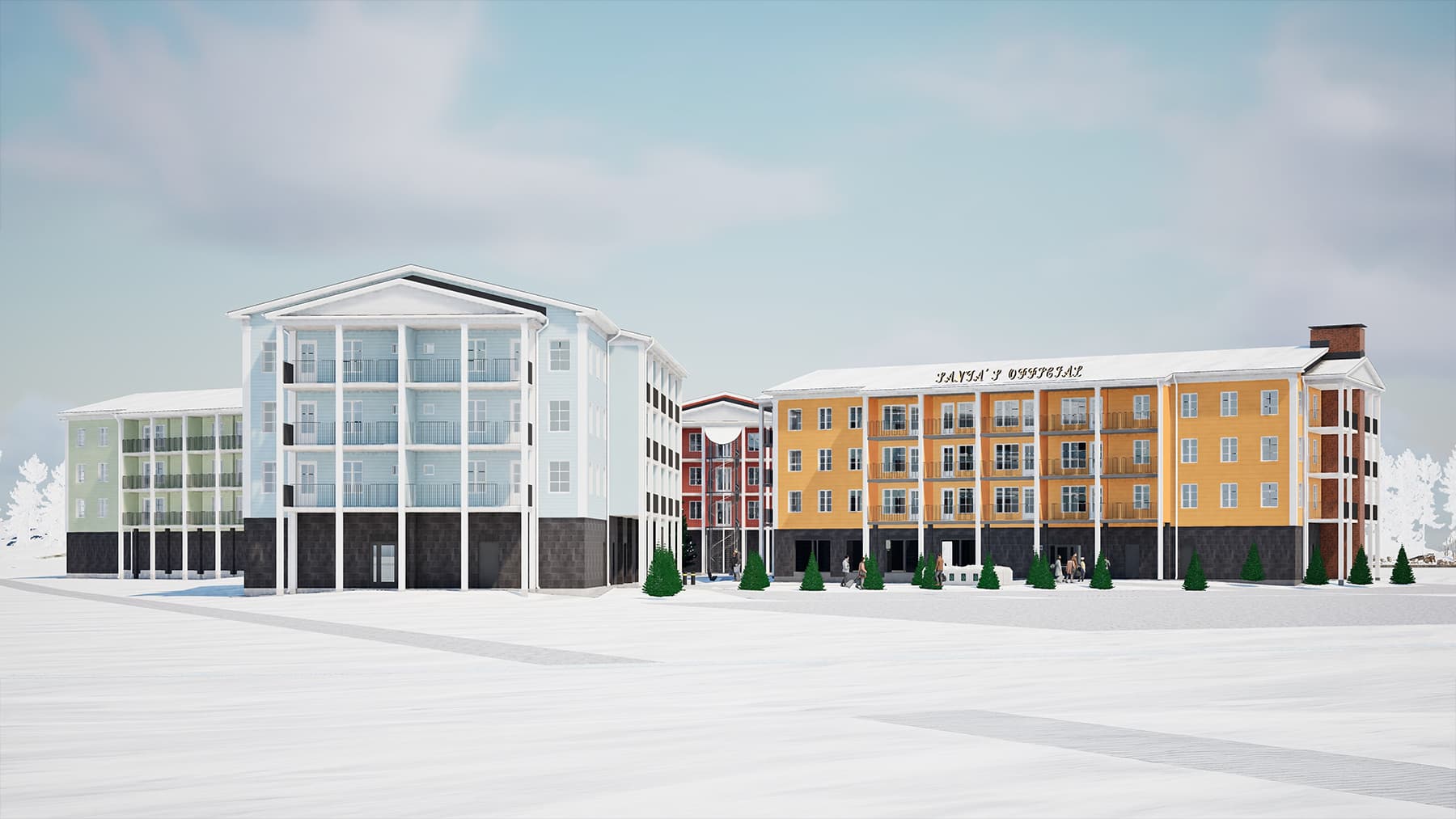 Elveshotels au Santa Claus Village par une journée d'hiver enneigée